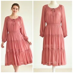 1970s Tiered Flowy Coral Midi Dress Ethereal Romantic Size 12 ILGWU Made in USA